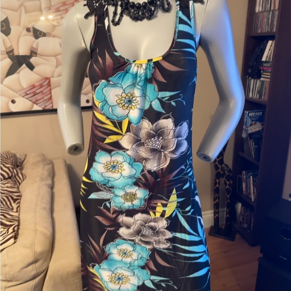 Blue and Brown summer Midi Dress with Scoop Neck and lace razorback ❤️M